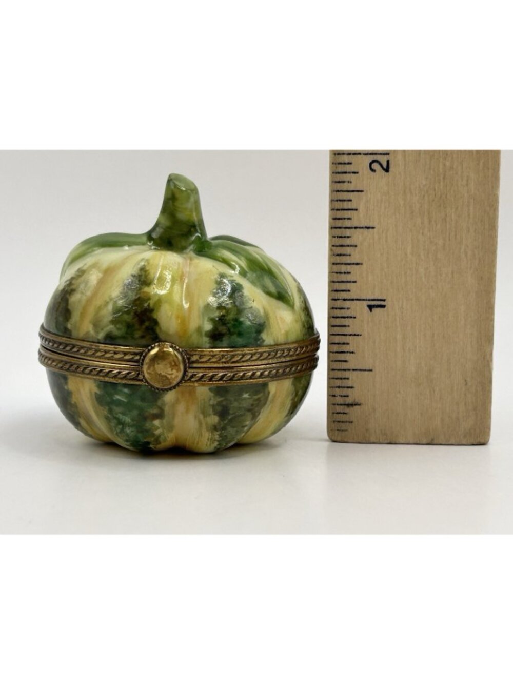 Limoges France Pumpkin Squash Trinket Box Peint Main Hinged Porcelain Green Gift - Picture 12 of 16